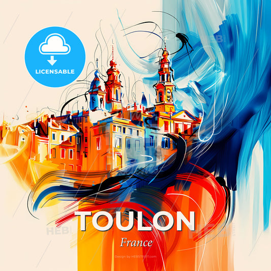 Vibrant Toulon, France - A Painting Of A Building With Towers And A Blue And Orange Paint - Square format print template