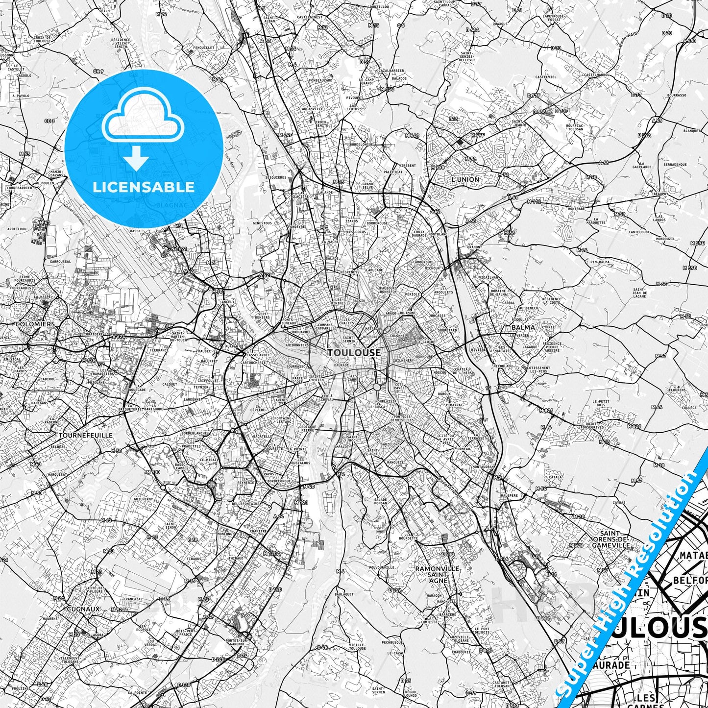 Toulouse, France light map with streetnames, citynames and districts