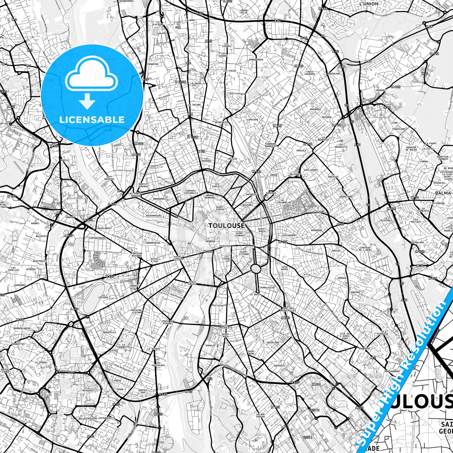 Toulouse, France Light Map with Street Names, City Names, and Districts