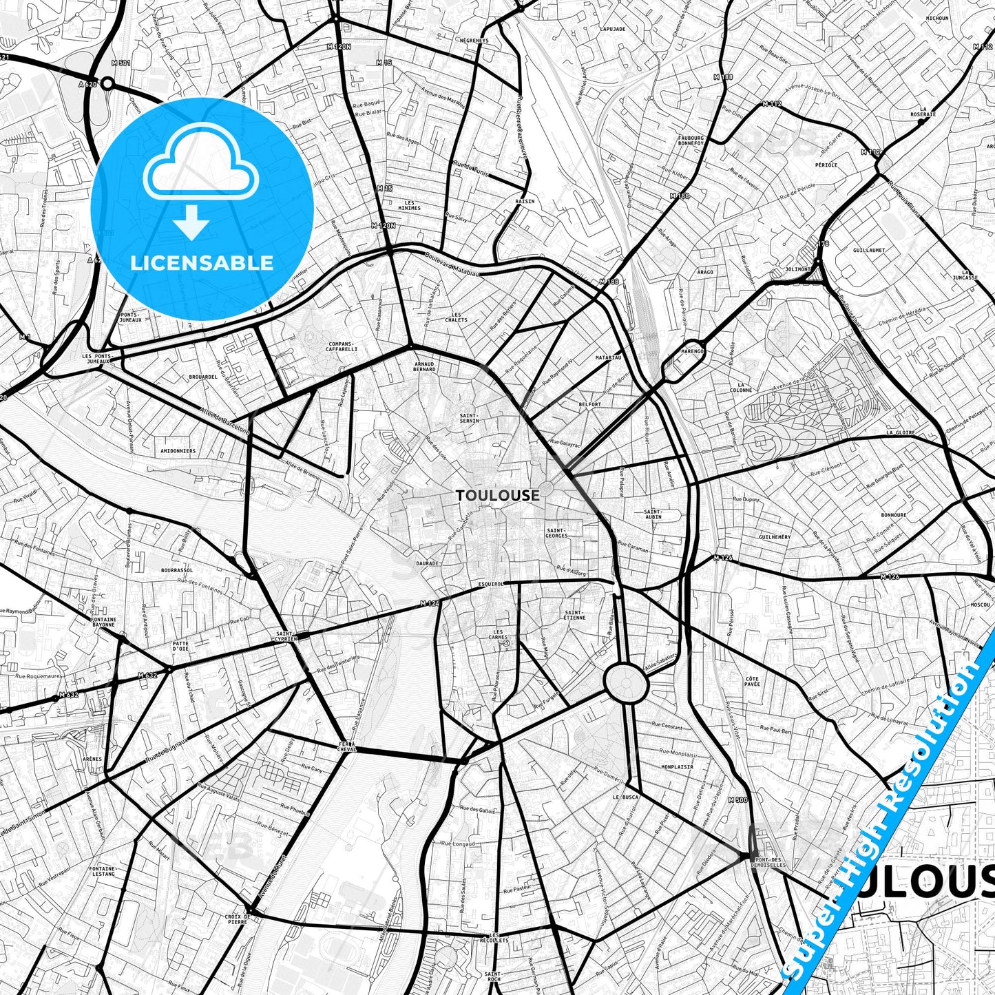 Toulouse, France Light Map with Street Names, City Names, and Districts