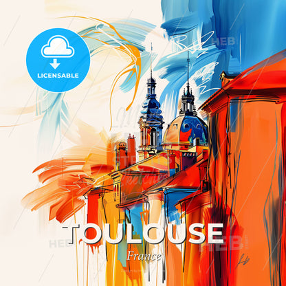 Vibrant Toulouse, France - A Painting Of A Skyline With A Colorful Building - Square format print template