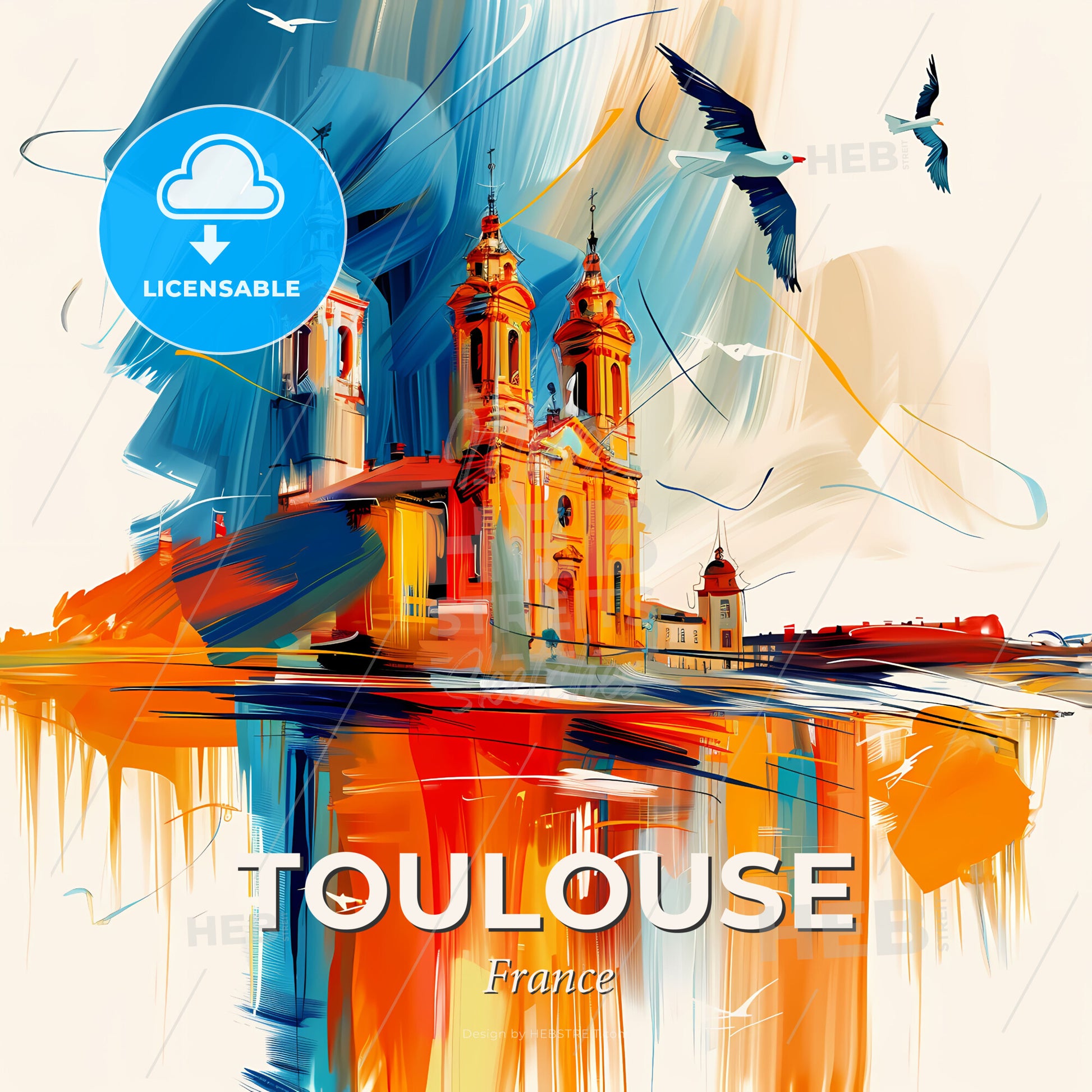 Vibrant Toulouse, France - A Painting Of A Building With Towers And Birds Flying - Square format print template