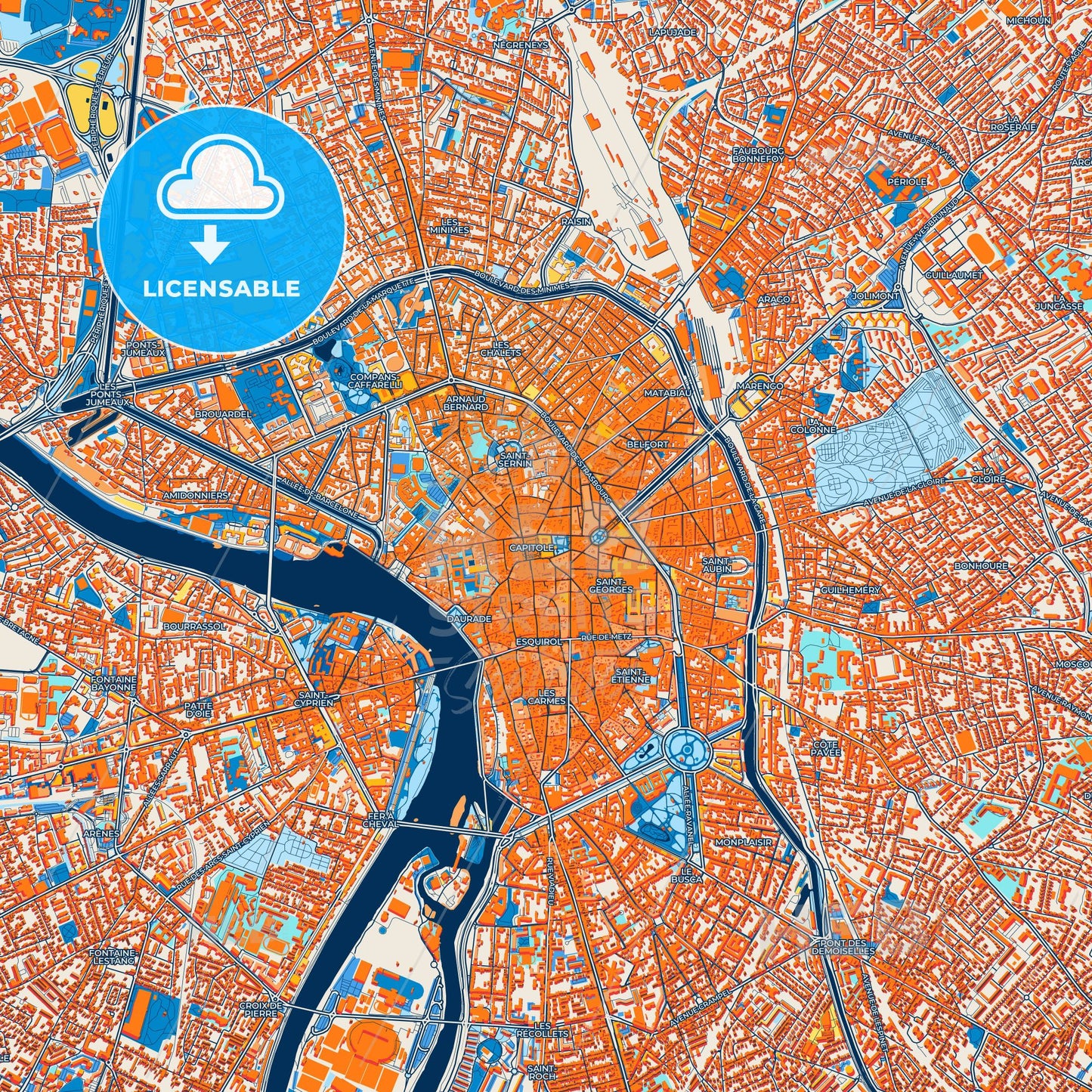 Colorful Toulouse Street Map with Labels and Buildings