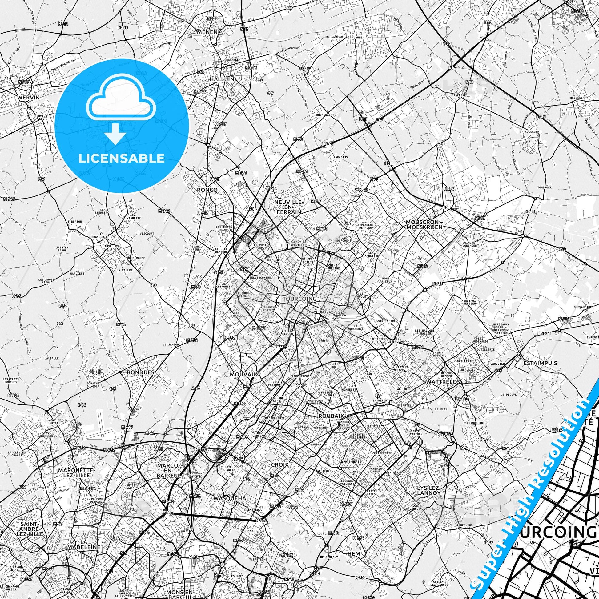 Tourcoing, France light map with streetnames, citynames and districts