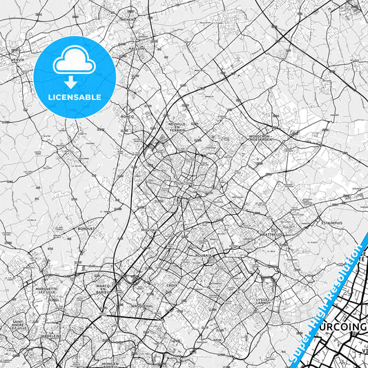 Tourcoing, France light map with streetnames, citynames and districts