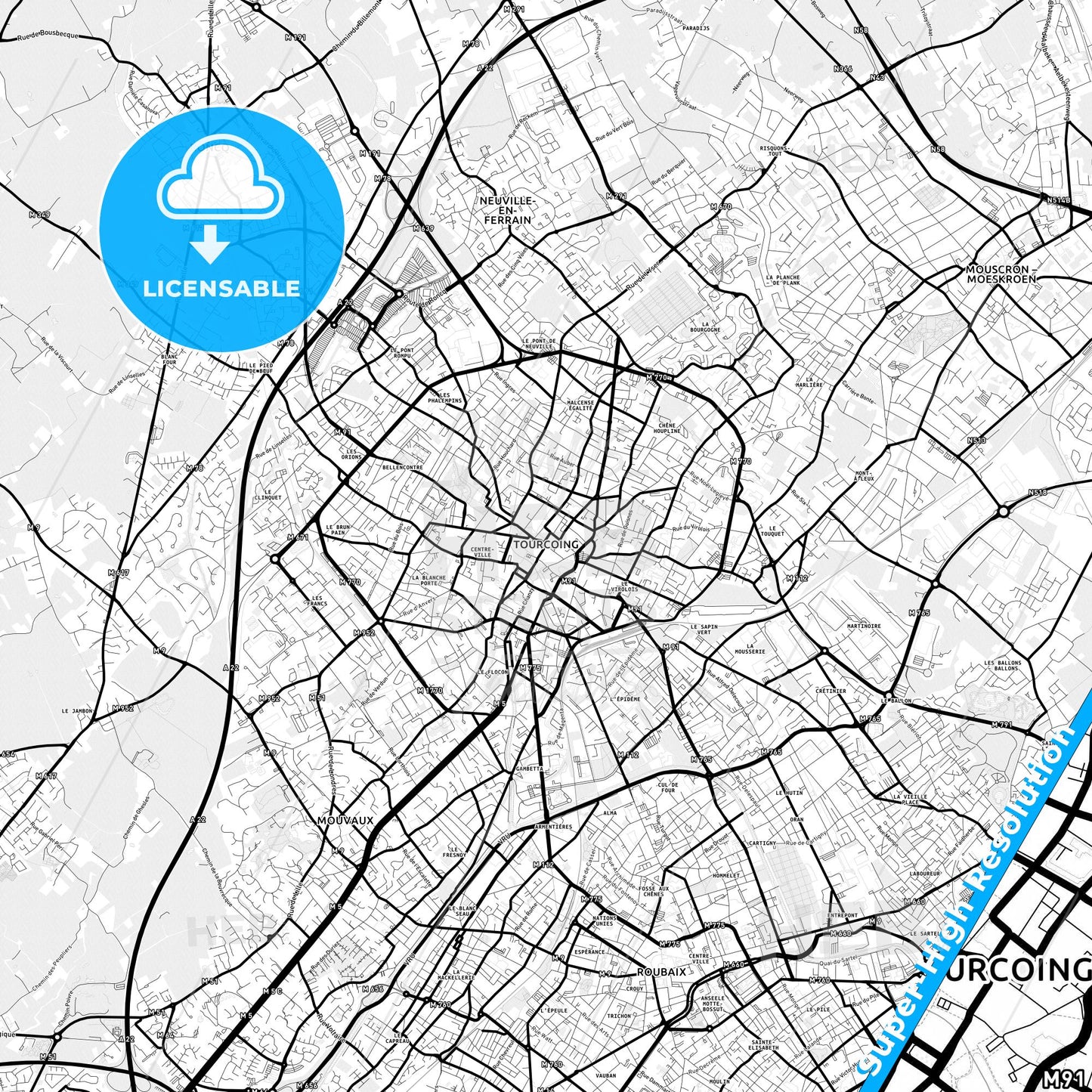 Tourcoing, France Light Map with Street Names, City Names, and Districts