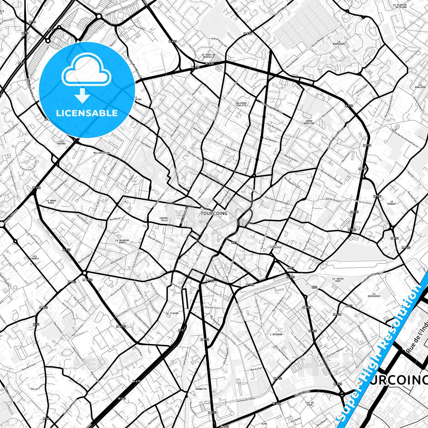 Tourcoing, France Light Map with Street Names, City Names, and Districts