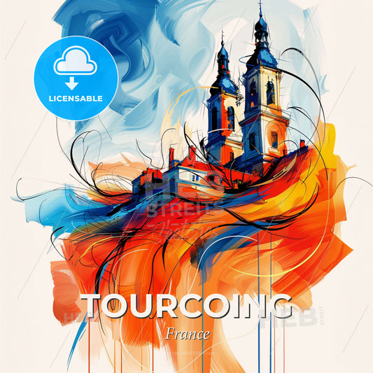 Vibrant Tourcoing, France - A Painting Of A Building With Towers And A Blue And Orange Sky - Square format print template