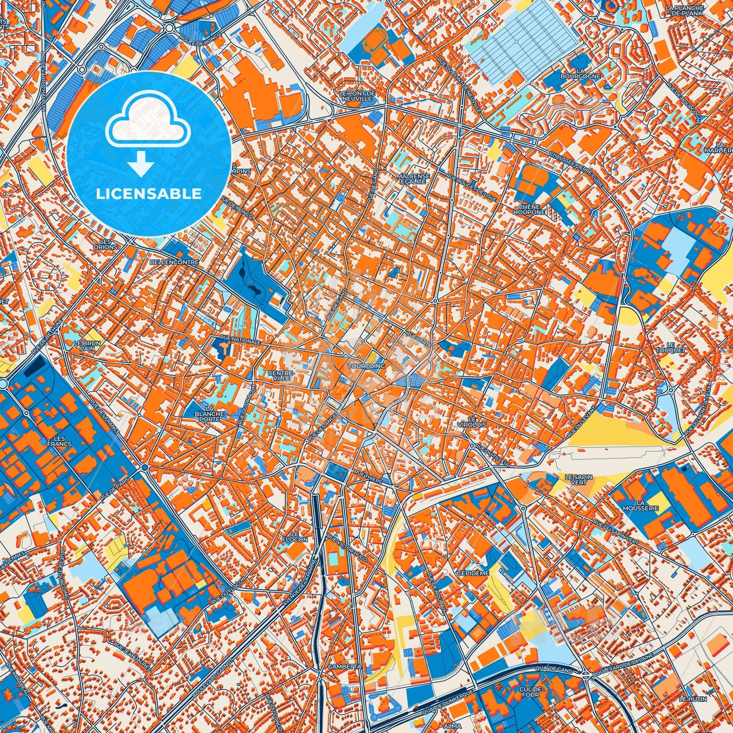 Colorful Tourcoing Street Map with Labels and Buildings