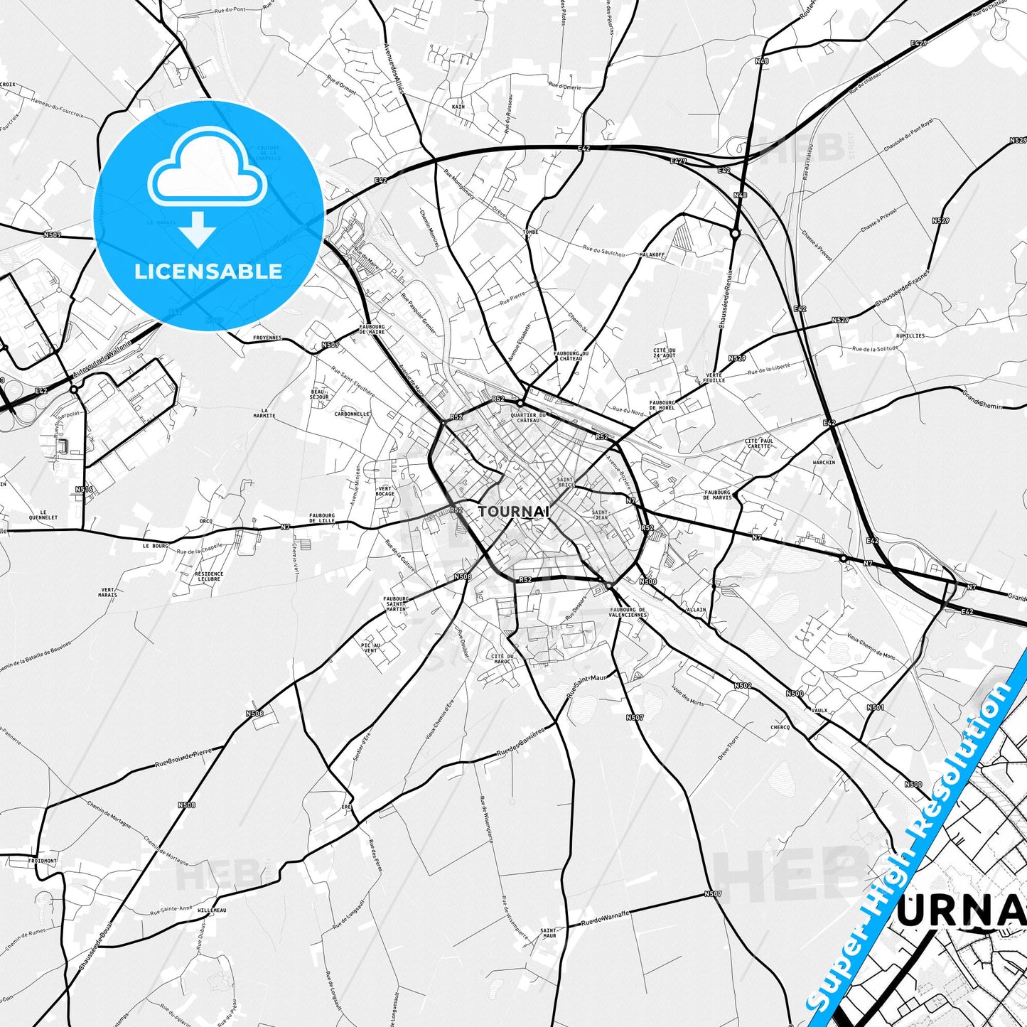 Tournai, Belgium Light Map with Street Names, City Names, and Districts