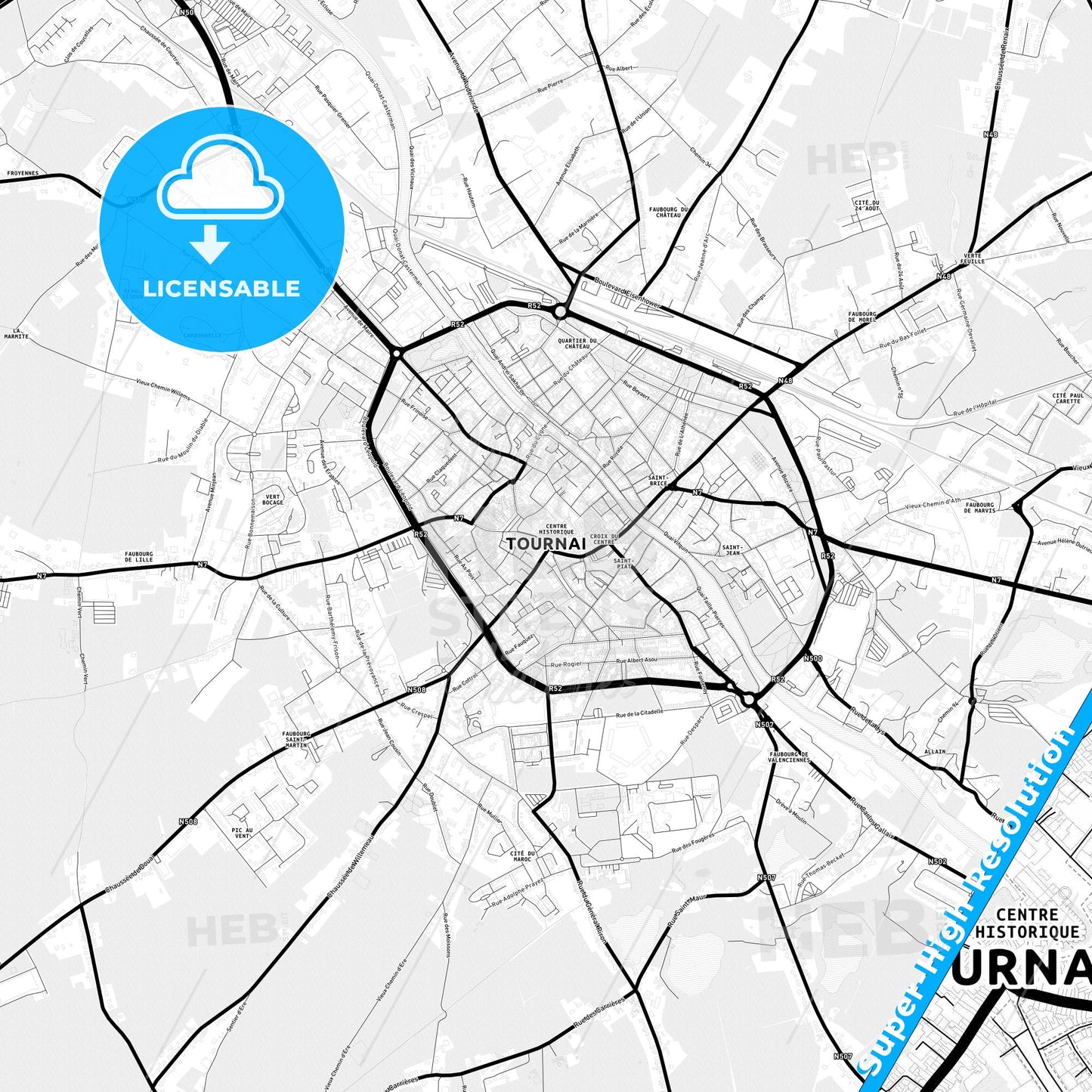 Tournai, Belgium Light Map with Street Names, City Names, and Districts