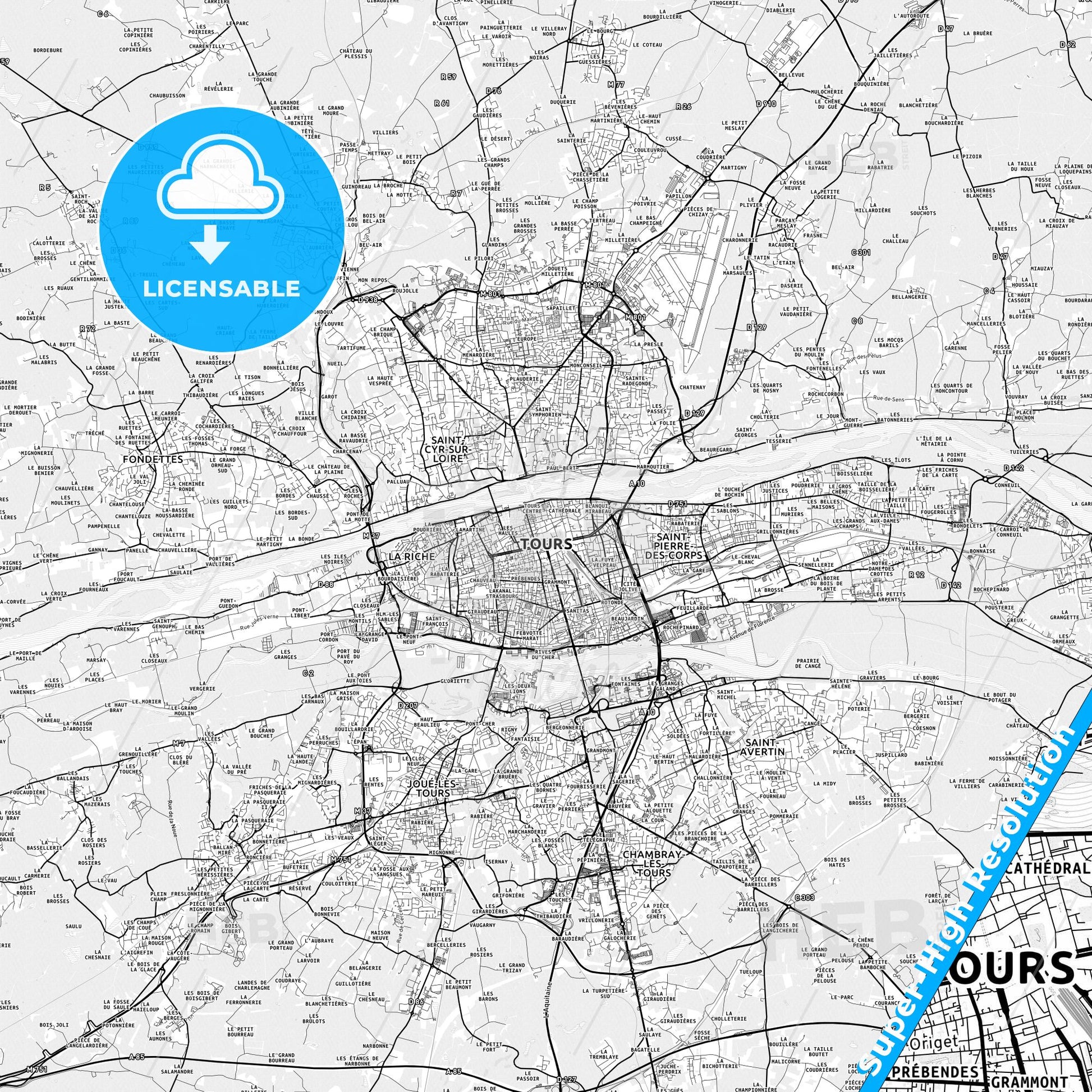Tours, France light map with streetnames, citynames and districts