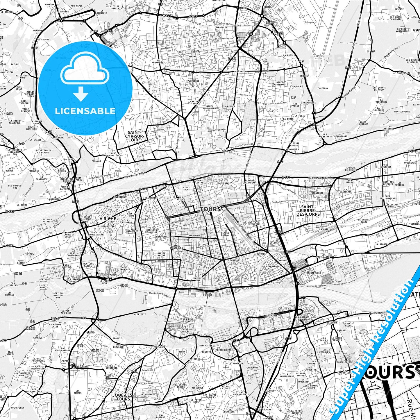 Tours, France Light Map with Street Names, City Names, and Districts