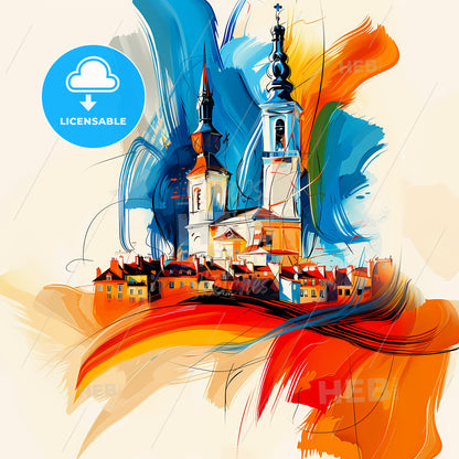 Vibrant Tours, France - A Painting Of A Building With Towers And A Colorful Background