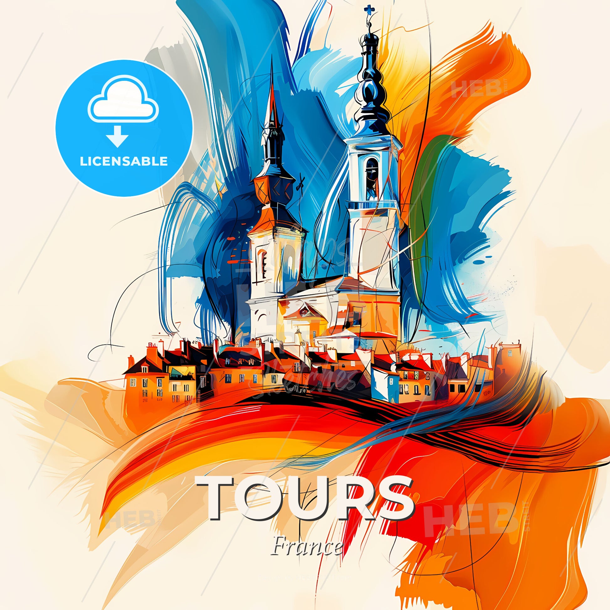 Vibrant Tours, France - A Painting Of A Building With Towers And A Colorful Background - Square format print template