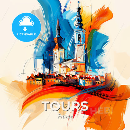 Vibrant Tours, France - A Painting Of A Building With Towers And A Colorful Background - Square format print template