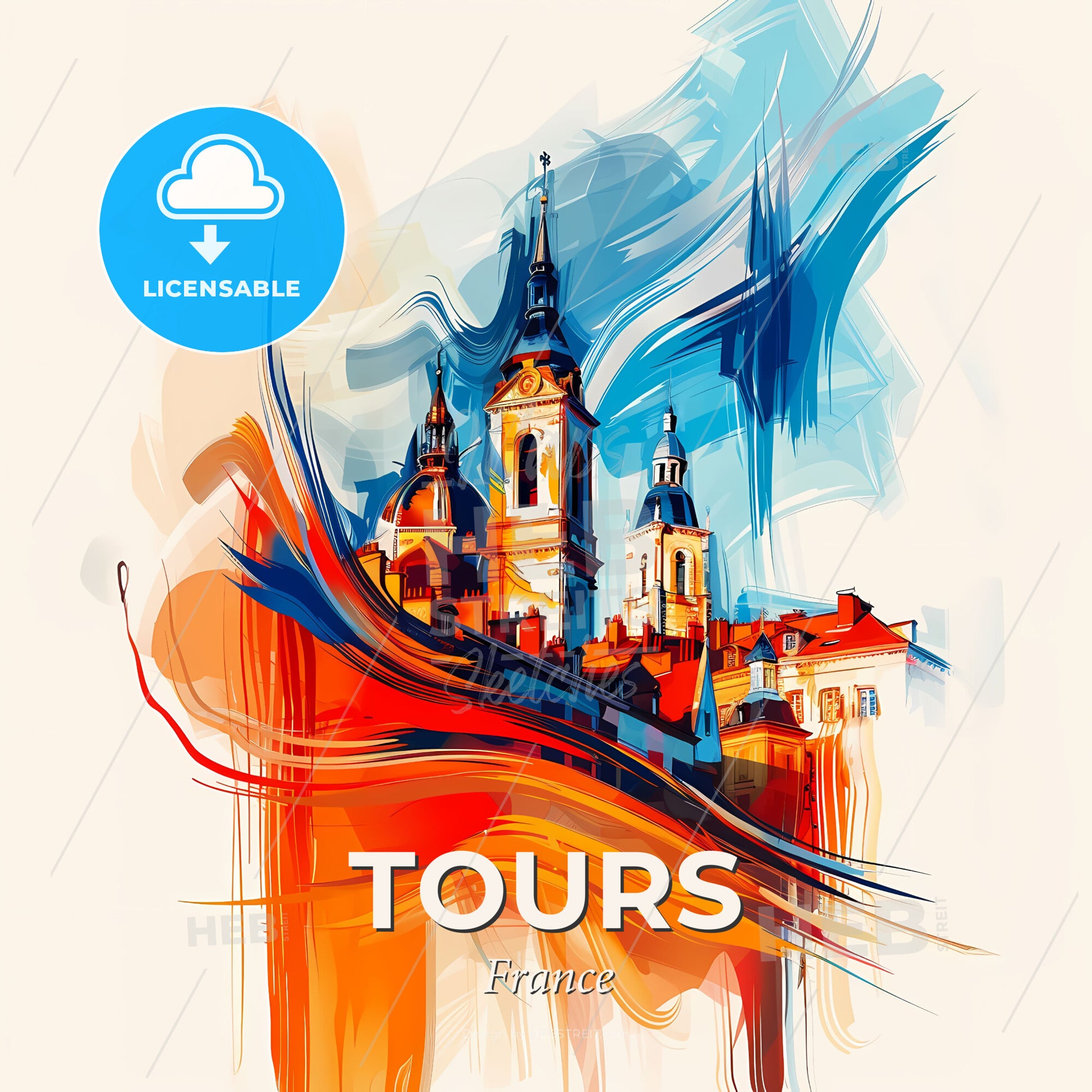 Vibrant Tours, France - A Painting Of A Building With Towers - Square format print template