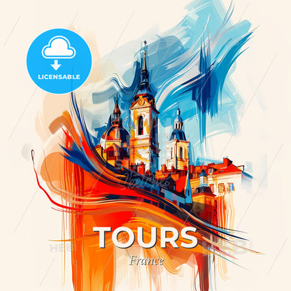 Vibrant Tours, France - A Painting Of A Building With Towers - Square format print template