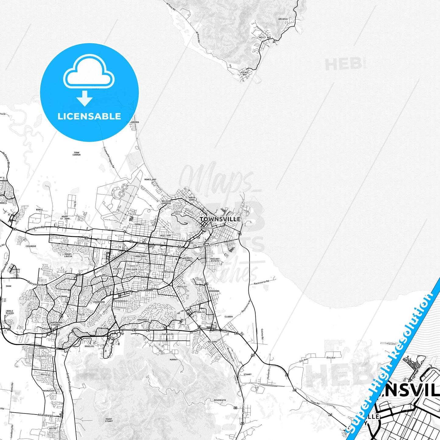 Townsville, Australia light map with streetnames, citynames and districts