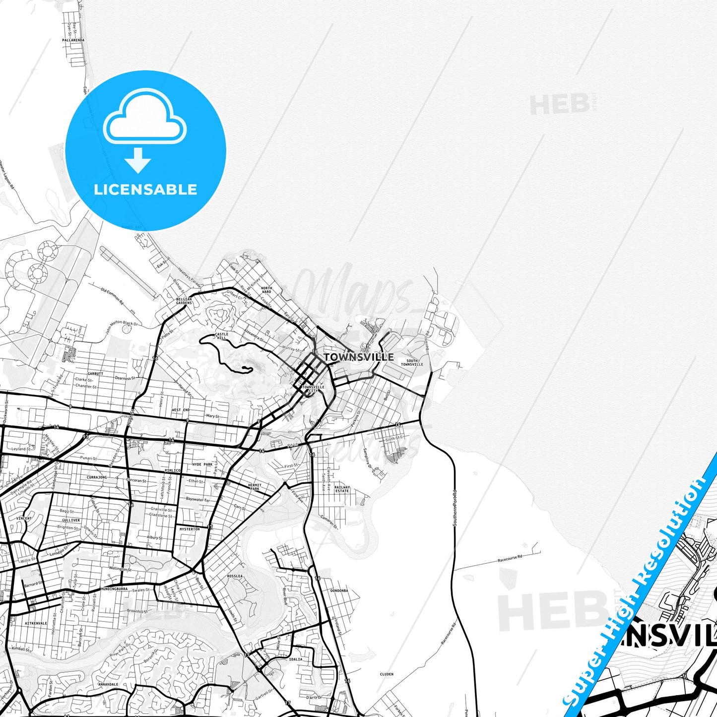 Townsville, Australia Light Map with Street Names, City Names, and Districts