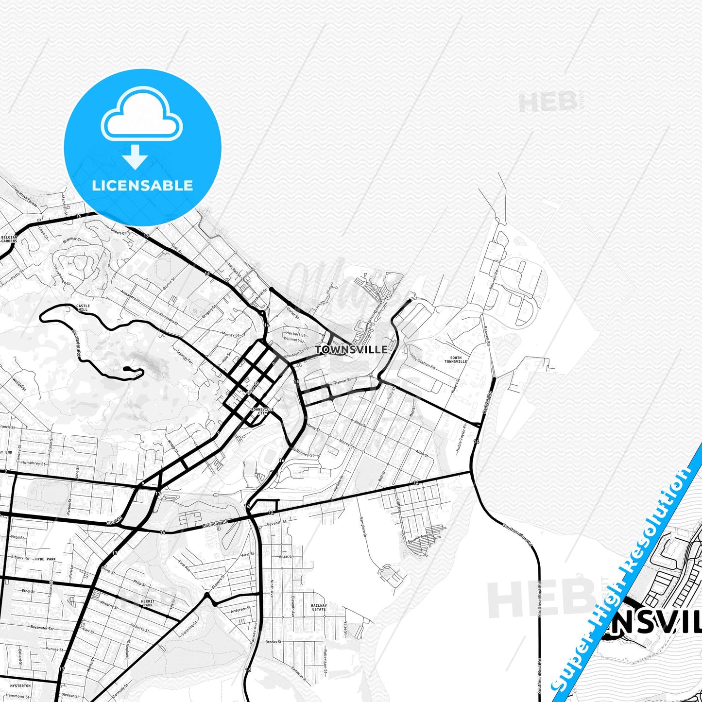 Townsville, Australia Light Map with Street Names, City Names, and Districts