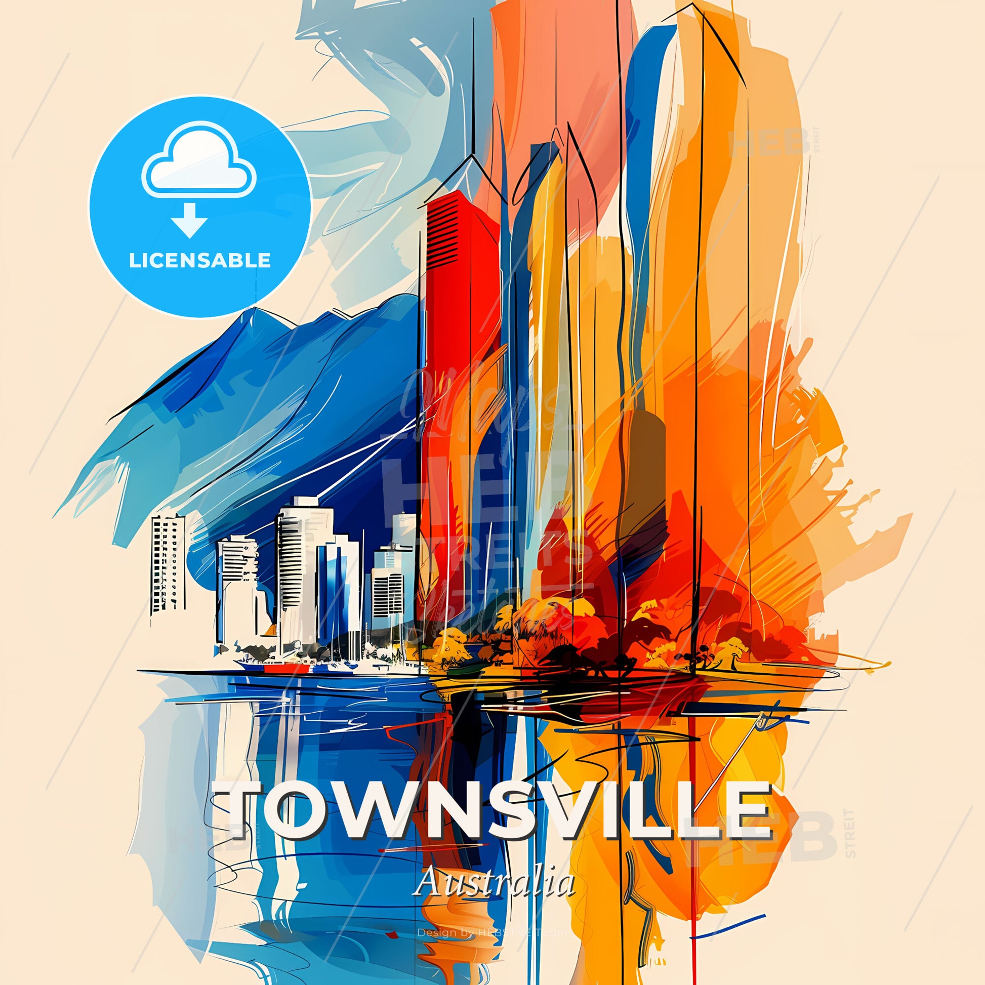 Vibrant Townsville, Australia - A Painting Of A City With Mountains And Water - Square format print template