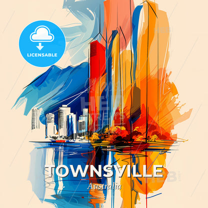 Vibrant Townsville, Australia - A Painting Of A City With Mountains And Water - Square format print template