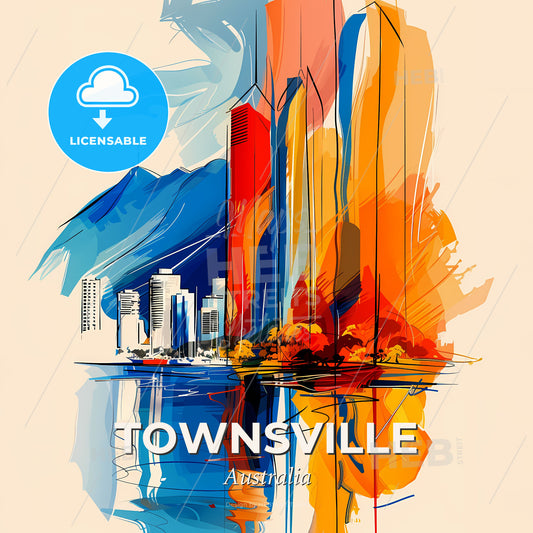 Vibrant Townsville, Australia - A Painting Of A City With Mountains And Water - Square format print template