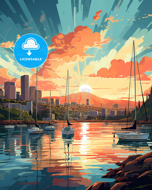 Townsville Skyline Painting - Vibrant Australia City Panorama with Mountain View