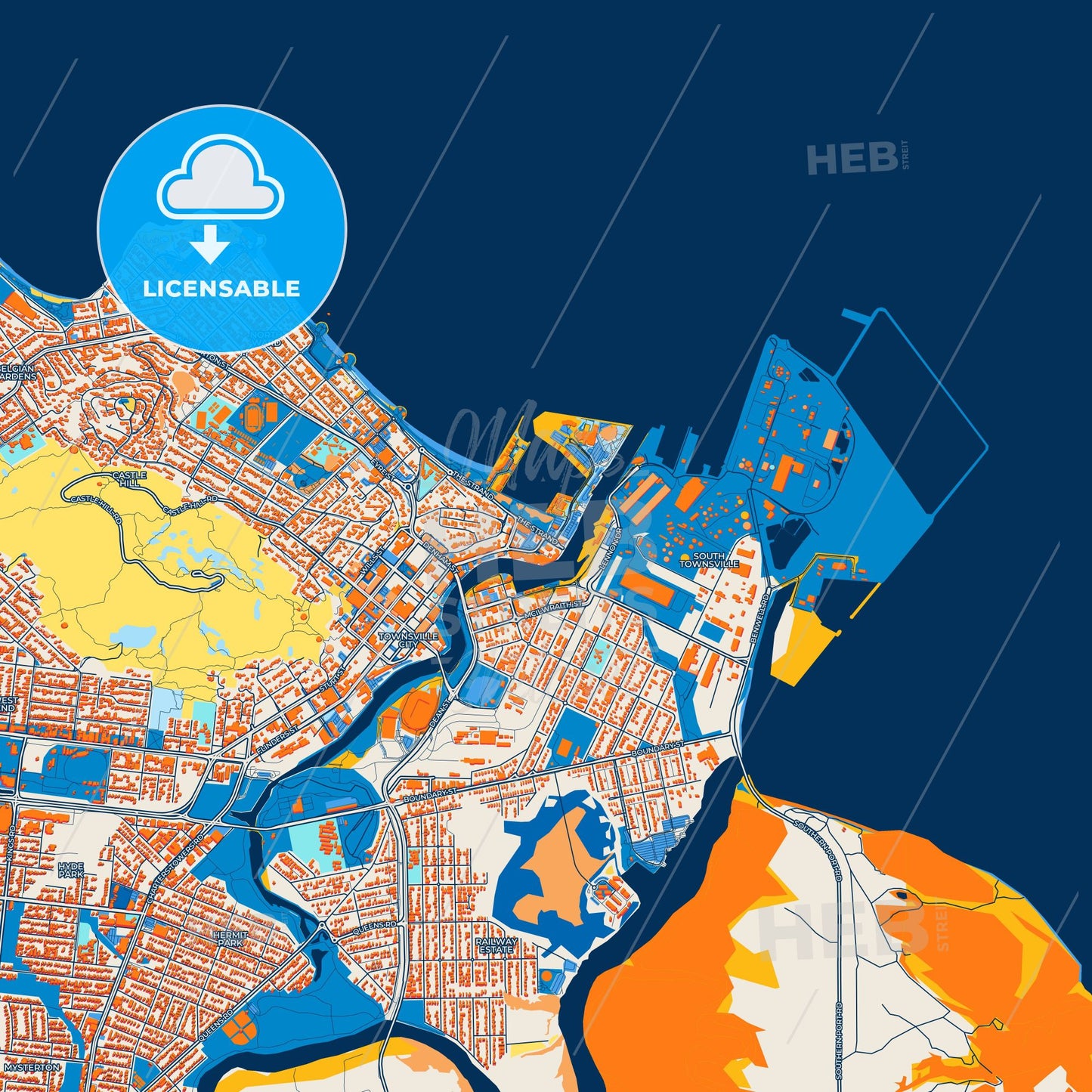 Colorful Townsville Street Map with Labels and Buildings