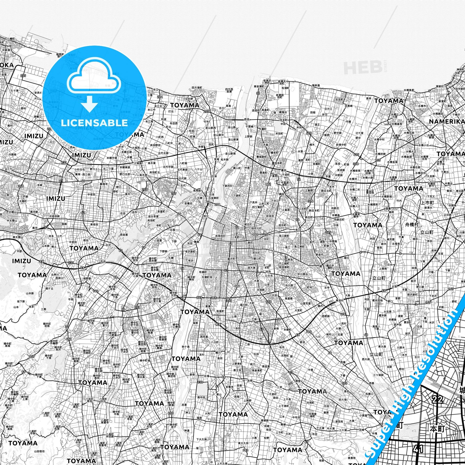 Toyama, Japan light map with streetnames, citynames and districts