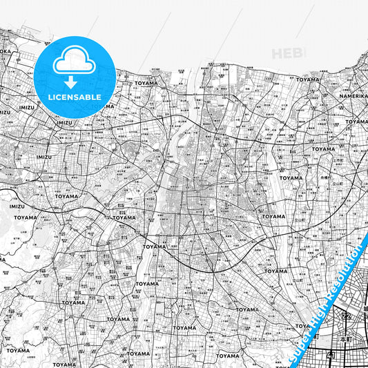 Toyama, Japan light map with streetnames, citynames and districts