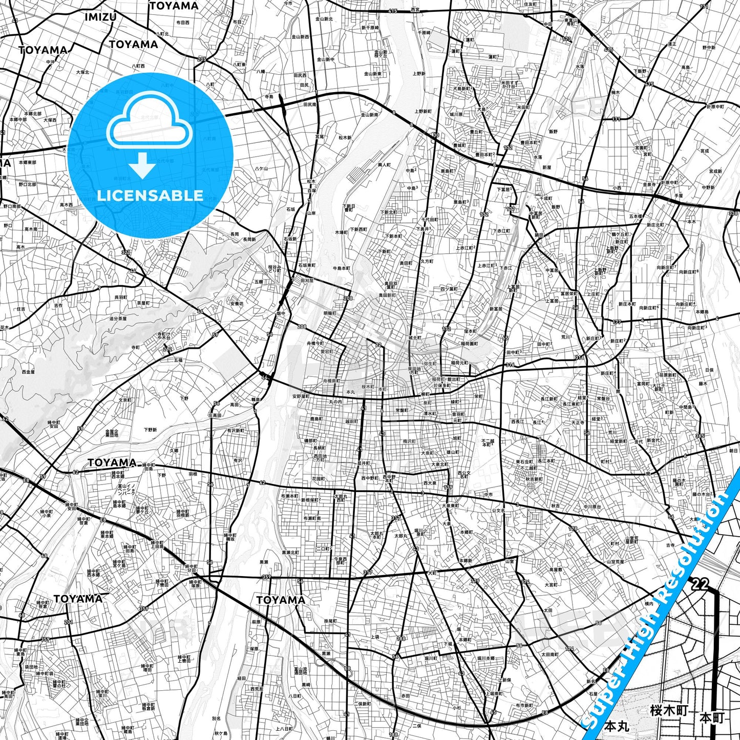 Toyama, Japan Light Map with Street Names, City Names, and Districts