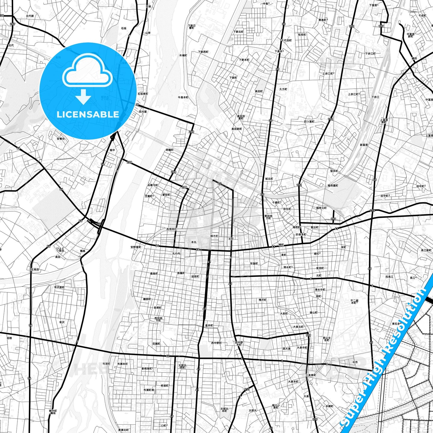 Toyama, Japan Light Map with Street Names, City Names, and Districts
