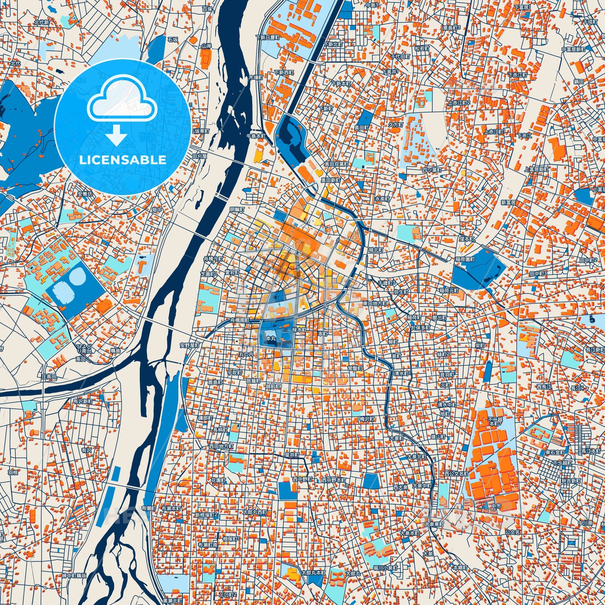 Colorful Toyama Street Map with Labels and Buildings