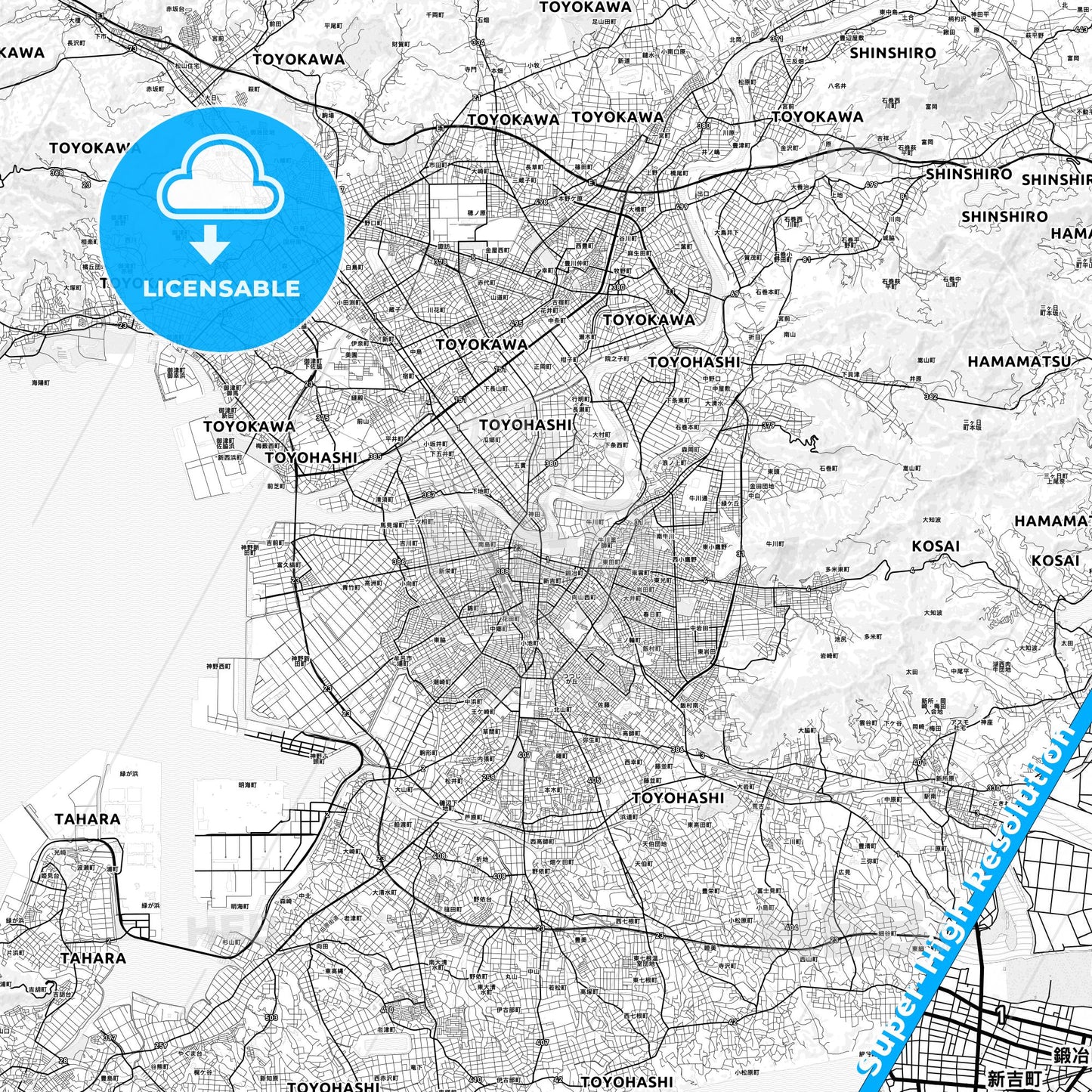 Toyohashi, Japan light map with streetnames, citynames and districts