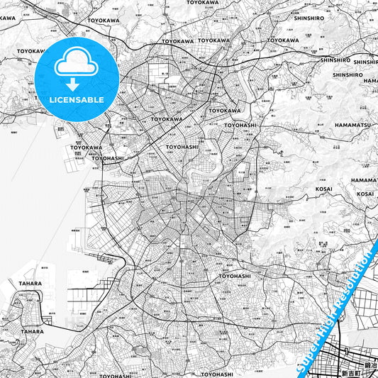 Toyohashi, Japan light map with streetnames, citynames and districts