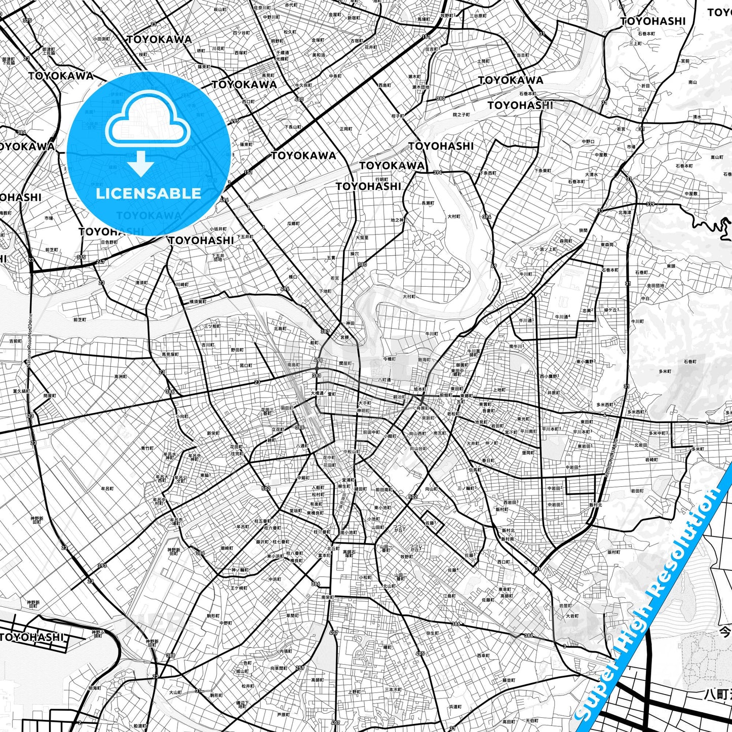 Toyohashi, Japan Light Map with Street Names, City Names, and Districts