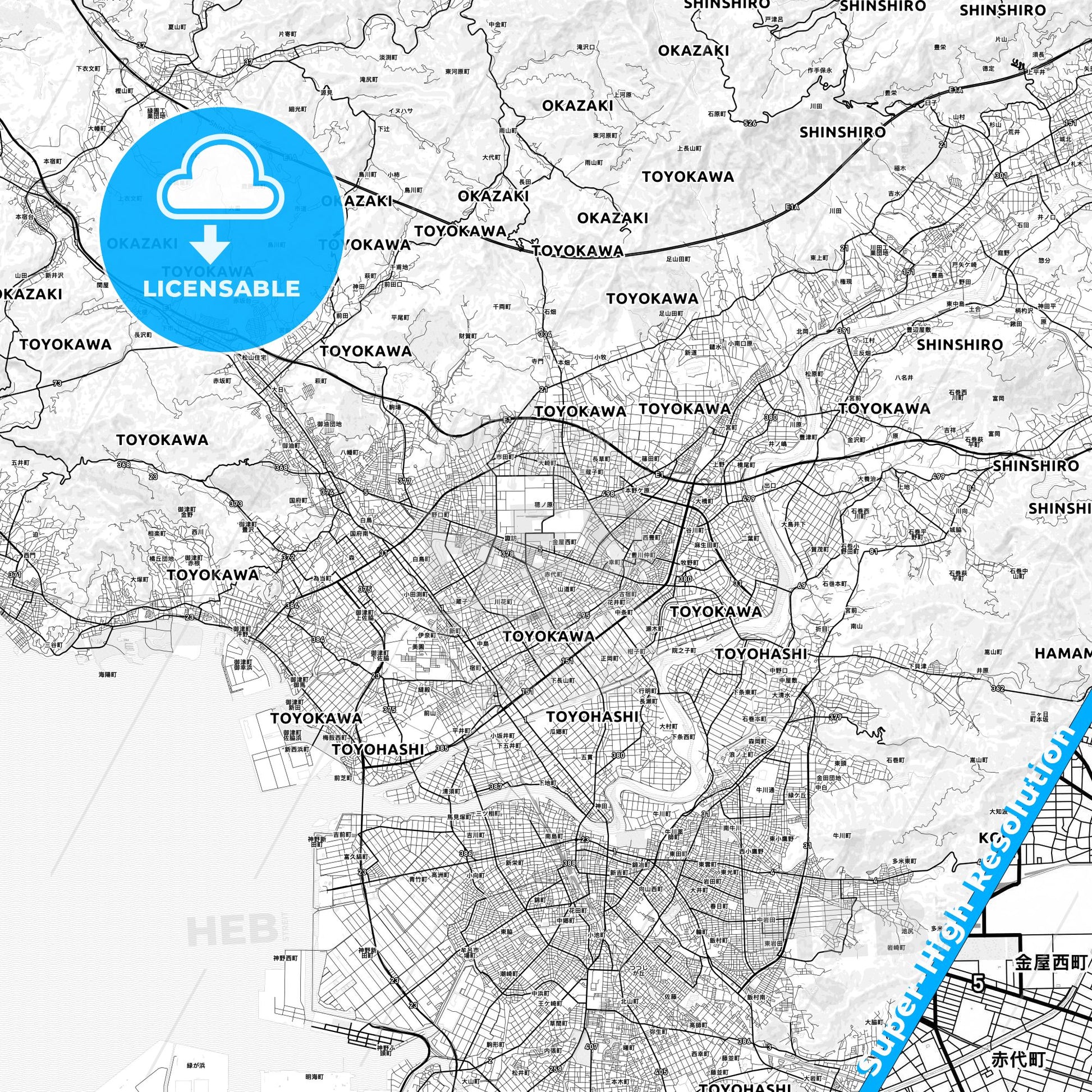 Toyokawa, Japan light map with streetnames, citynames and districts