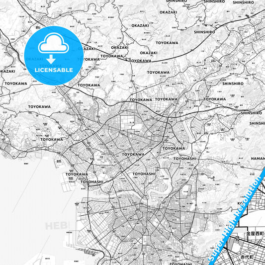 Toyokawa, Japan light map with streetnames, citynames and districts