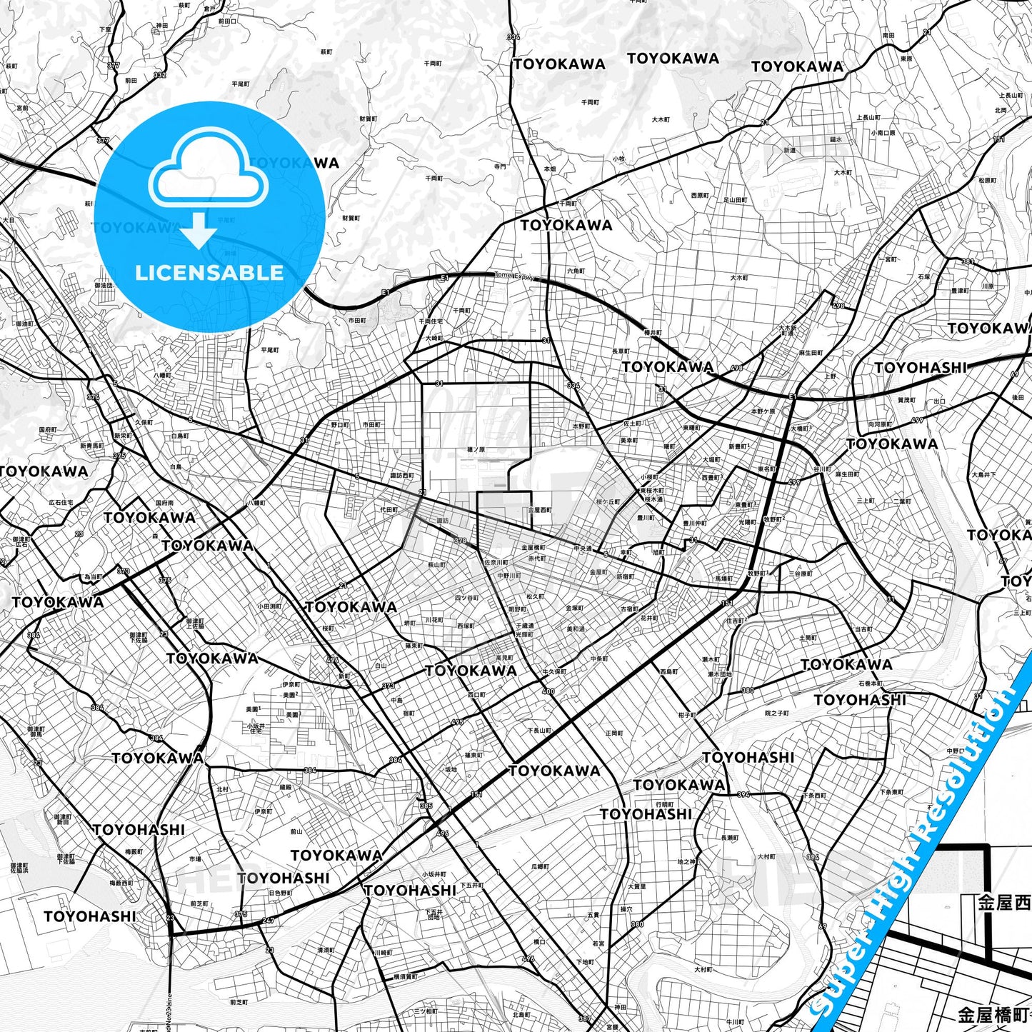 Toyokawa, Japan Light Map with Street Names, City Names, and Districts