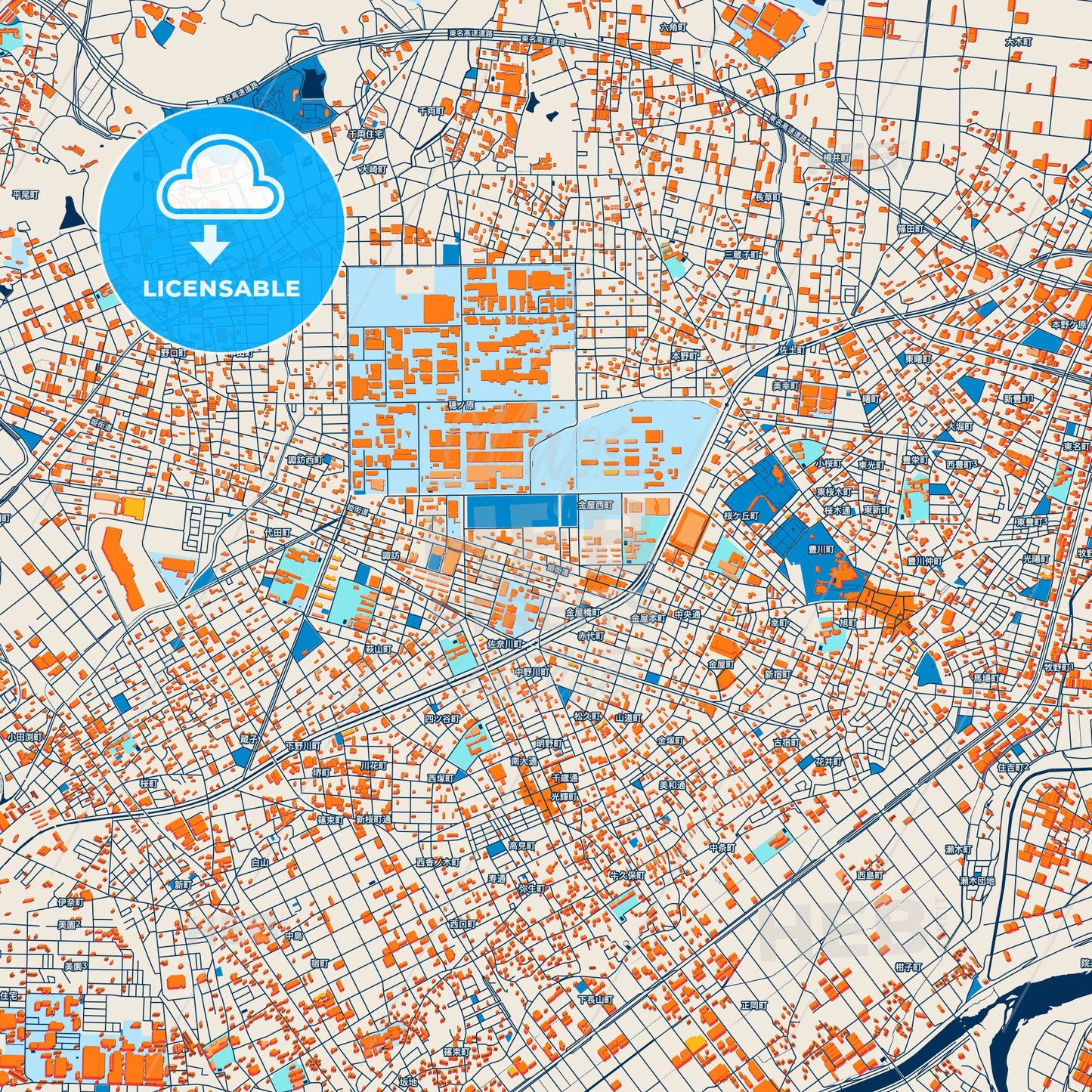 Colorful Toyokawa Street Map with Labels and Buildings