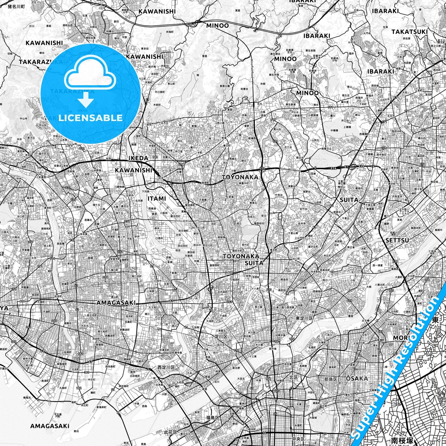 Toyonaka, Japan light map with streetnames, citynames and districts