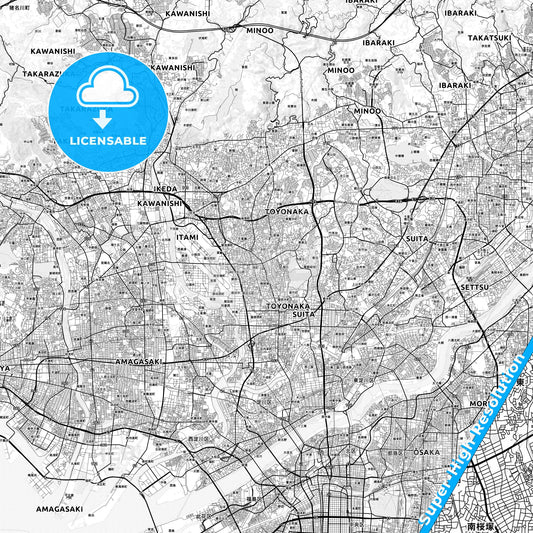 Toyonaka, Japan light map with streetnames, citynames and districts