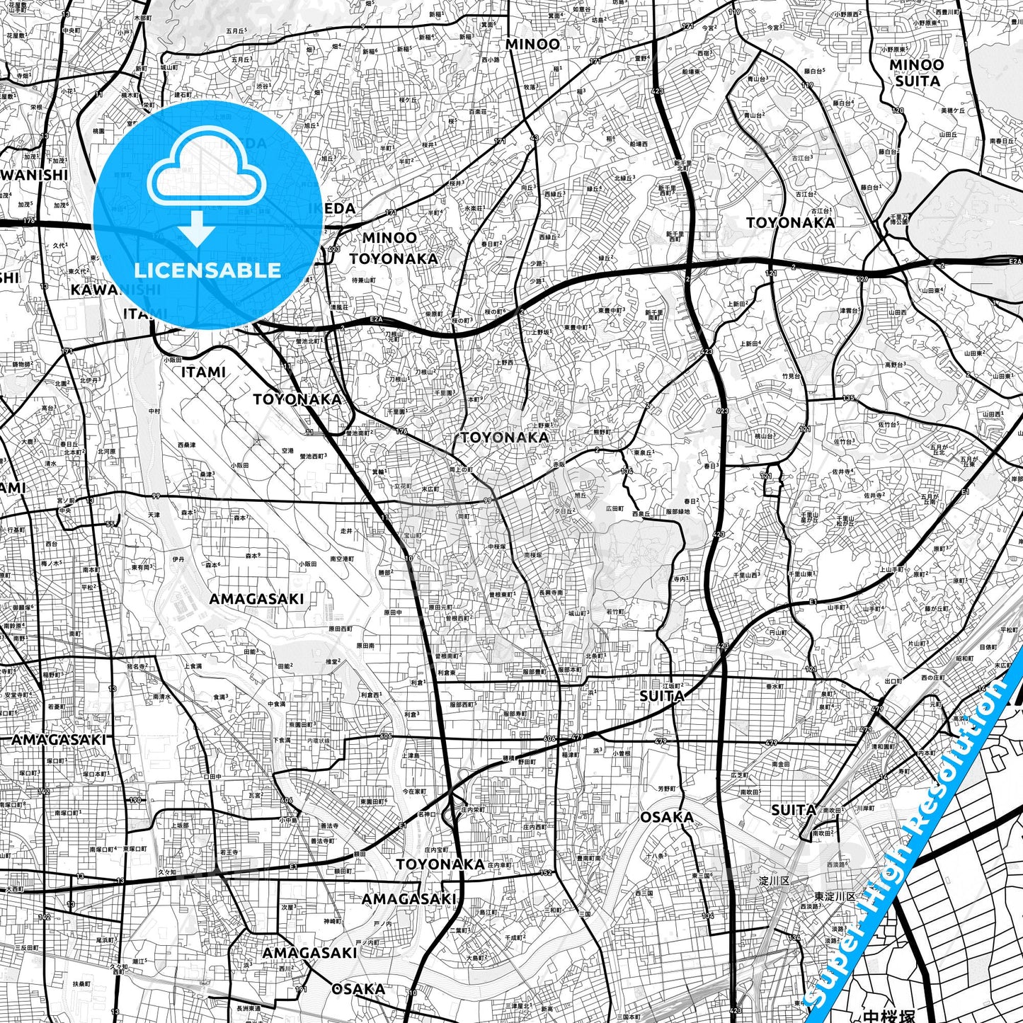Toyonaka, Japan Light Map with Street Names, City Names, and Districts