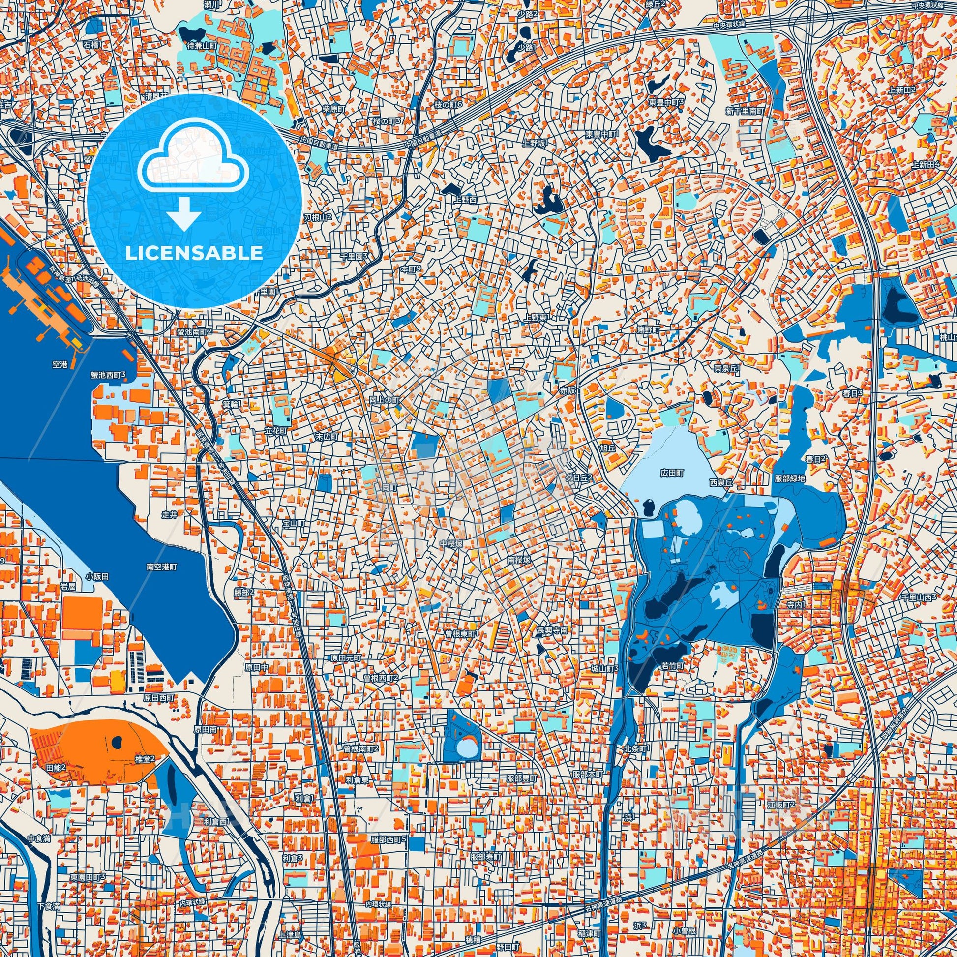 Colorful Toyonaka Street Map with Labels and Buildings