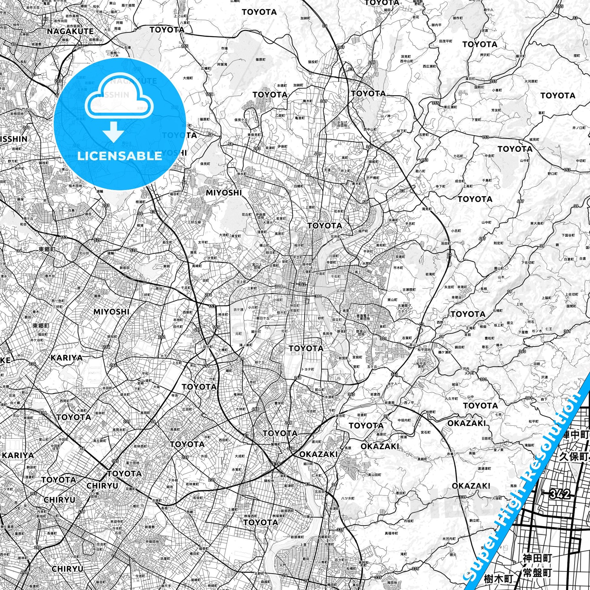 Toyota, Japan light map with streetnames, citynames and districts