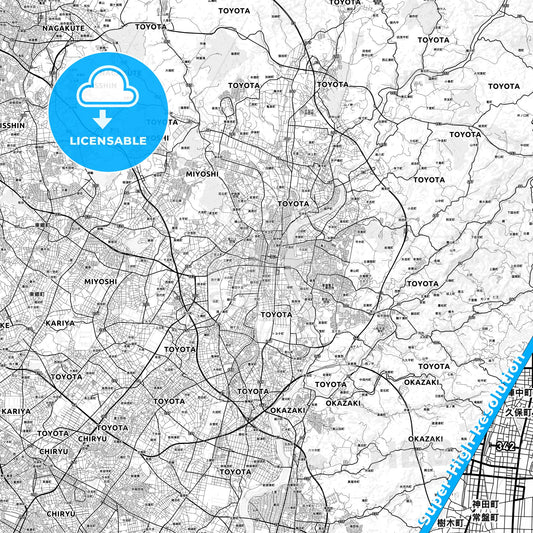 Toyota, Japan light map with streetnames, citynames and districts