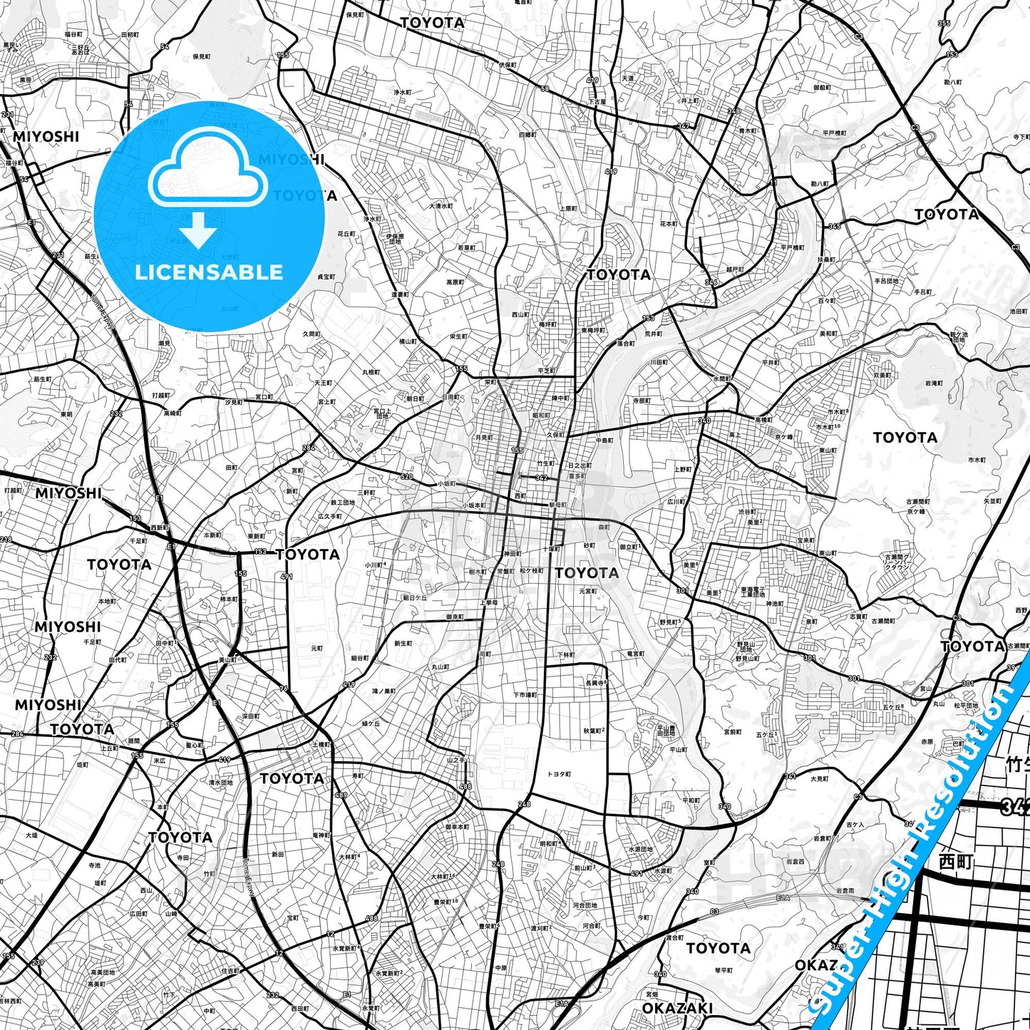 Toyota, Japan Light Map with Street Names, City Names, and Districts