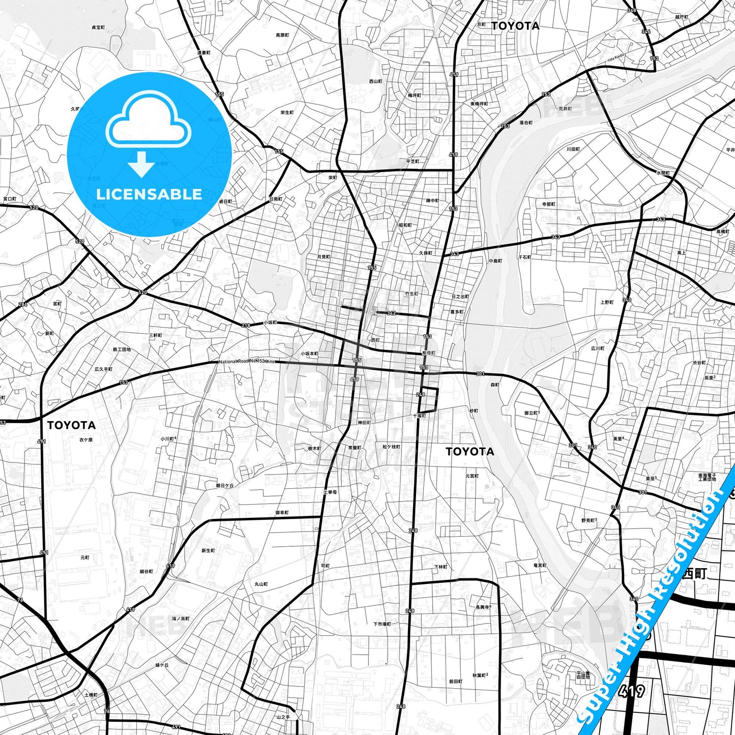 Toyota, Japan Light Map with Street Names, City Names, and Districts